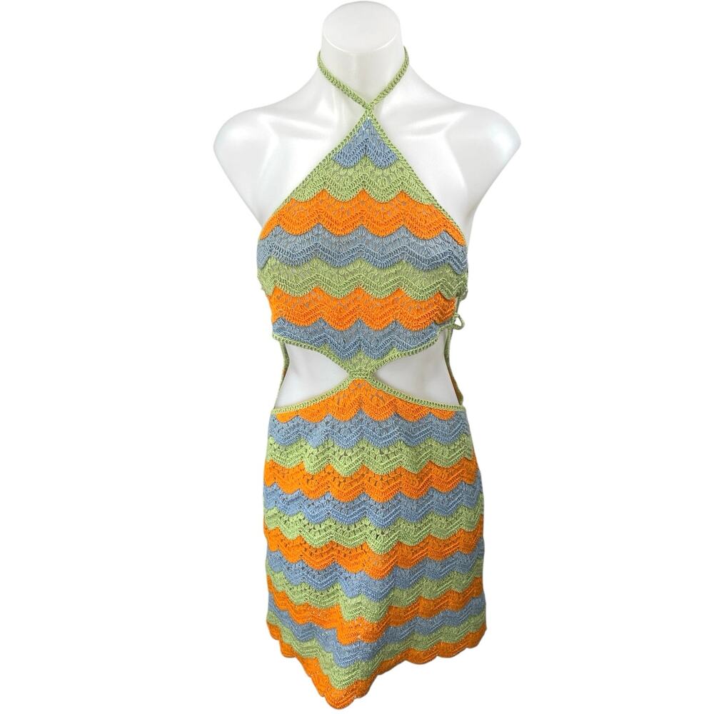 Zara Multicolor Halter Sleeveless Striped Crochet Knit Cutout Mini Dress Size S